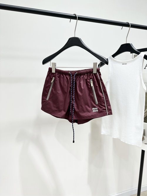 Miu Miu Wine Red Zip & Drawstring Shorts with Brand Patch, Sweet & Cool