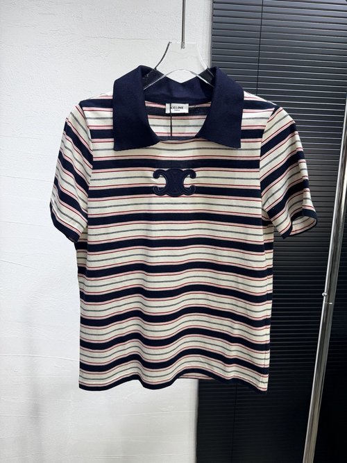 Celine Stylish Polo Collar Striped T-shirt with Handmade Logo