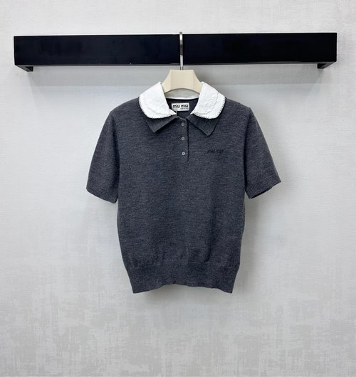 Miu Miu Detachable Lace Collar Knit Top with Embroidered Logo