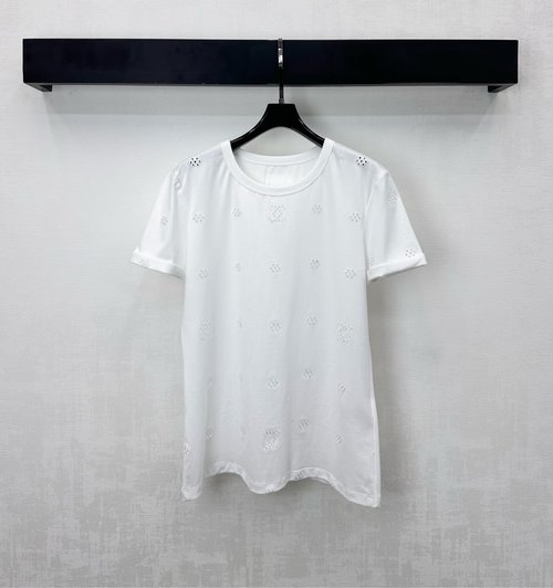 Chanel Laser-Cut Embroidered Crew Neck Tee with Folded Sleeve Design