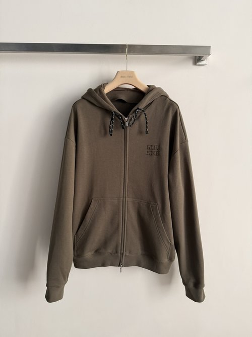 Loro Piana Olive Green Hooded Sweatshirt with Zipper and Brand Emblem