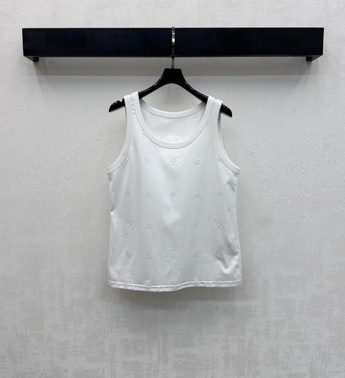 Chanel Laser-Cut Embroidered Tank Top with Ribbed Neck and Armhole Trim