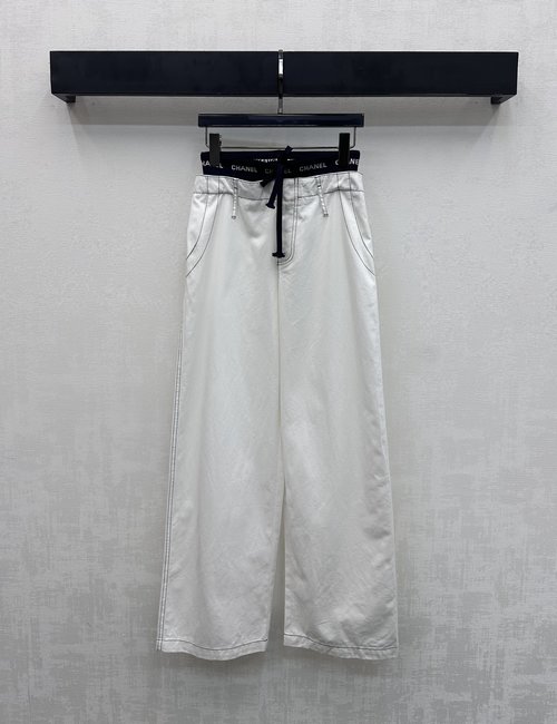 Chanel Custom Imported Cotton Drawstring Trousers with Letter Tape