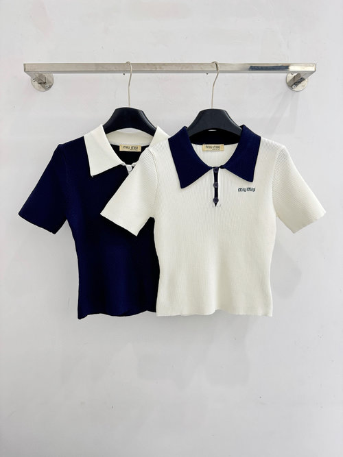 Miu Miu Polo Collar Short - Sleeve Top, Soft Breathable for Casual
