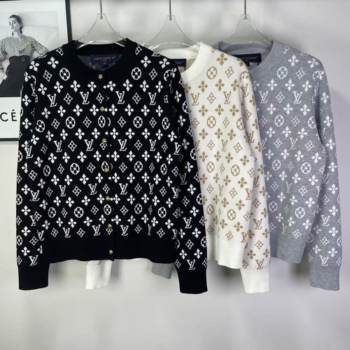 Louis Vuitton LV-Inspired Monogram Jacquard Knit Cardigan with Metal Buttons