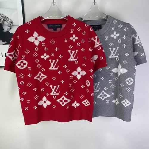 Louis Vuitton Contrast Color Floral Letter Jacquard Round Neck Knit Short Sleeve, Distinctive Pattern