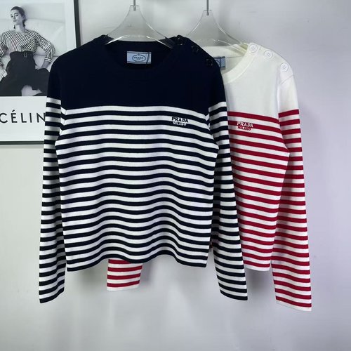 Prada Stripe Round Neck Long Sleeve Knit with Embroidered Logo