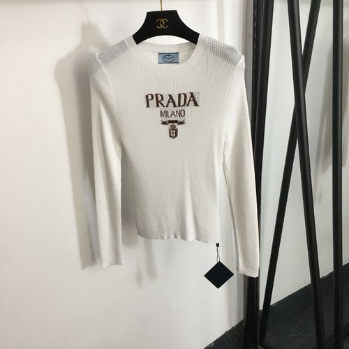 Prada Thin Knit Long Sleeve Pullover with Chest Logo, Three Colors