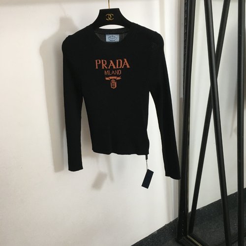 Prada Thin Knit Long Sleeve Pullover with Chest Logo, Three Colors