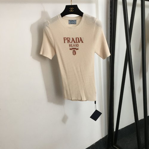 Prada Knit Short Sleeve Pullover with Chest Logo, Multiple Colors