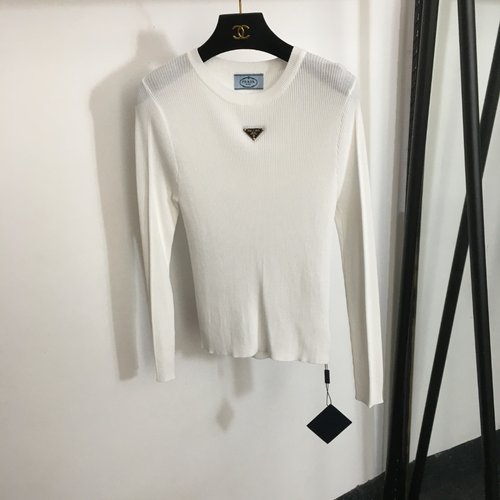 Prada Knit Long Sleeve Pullover with Chest Letter Triangle, Two Colors