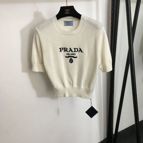 Prada Knit Short Sleeve Pullover with Chest Logo Embroidery, Four Colors