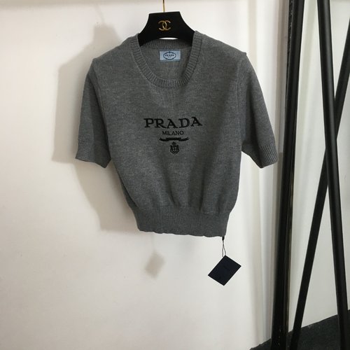 Prada Knit Short Sleeve Pullover with Chest Logo Embroidery, Four Colors
