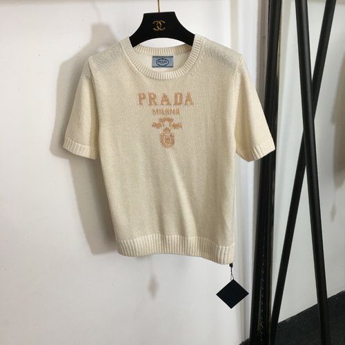 Prada Knit Short Sleeve Pullover with Chest Logo, Five Colors