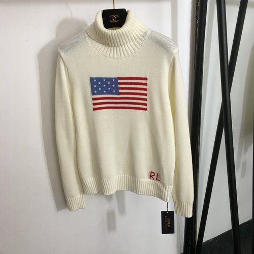Polo Ralph Lauren White and Navy American Flag Pattern High - Neck Long - Sleeve Knit Sweater