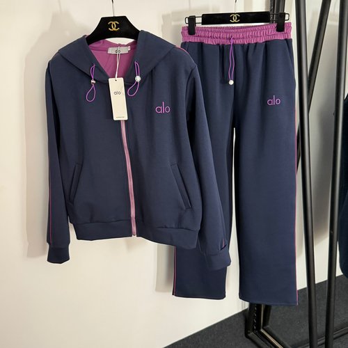 Alo Alo Logo Embroidery Long Sleeve Zip-up Hoodie and Pants Set