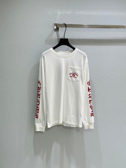 Chanel Simple Round - Neck T - Shirt with Red Prints on Sleeves and Pockets