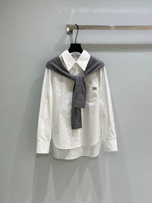 Chanel Shirt with Logo - Embroidered Pocket and Wool Shawl on Shoulder