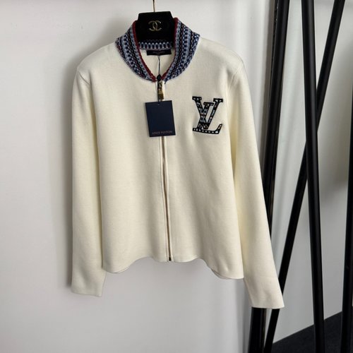 Louis Vuitton Logo Embroidery Colorful Collar Long Sleeve Knit Zip - Up Jacket