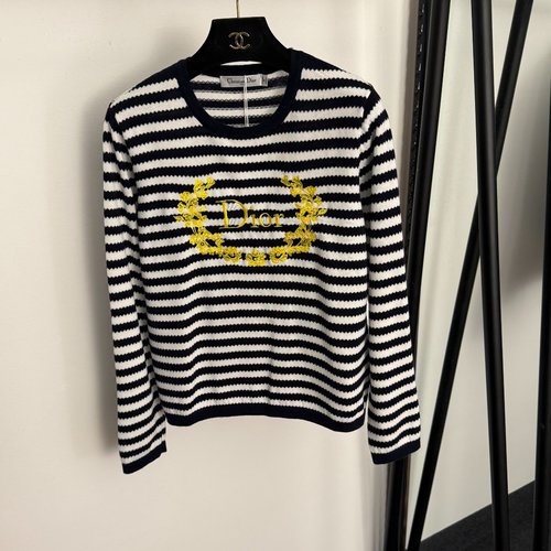 Dior Floral Logo Embroidery Colorful Striped Long Sleeve Wool Knit T - Shirt