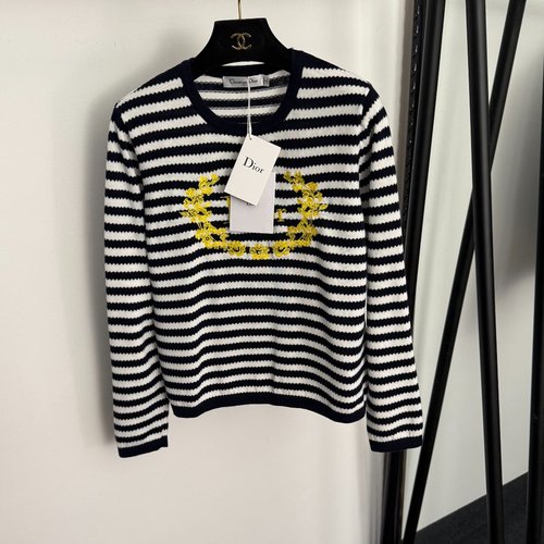 Dior Wreath Logo Embroidery Color - Blocked Striped Wool Knit T - Shirt