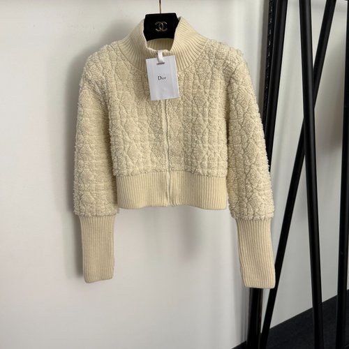 Dior Lamb Wool Stand - Collar Short Knit Zip - Up Jacket
