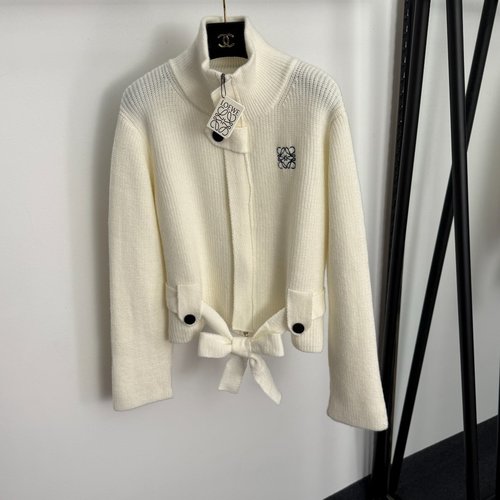 Loewe Logo Embroidery Zip - Up Wool Knit Cardigan with Waist Tie