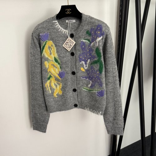 Loewe Embroidered Round Neck Long Sleeve Knit Cardigan