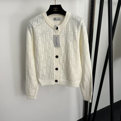 Dior Star Logo and Damask Hollow-Out Long-Sleeved Knit Cardigan in Beige, Gray & Black