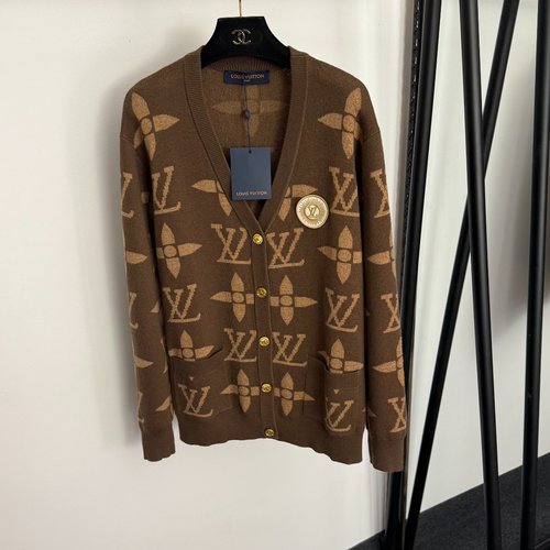 Louis Vuitton Classic Single-Button V-Neck Knit Cardigan in Coffee
