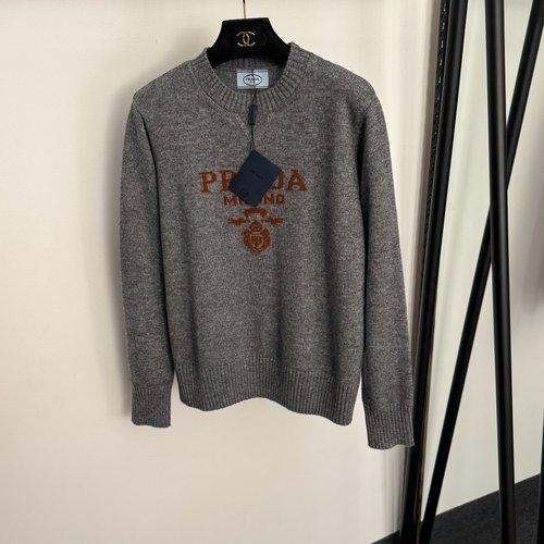 Prada Knit Pullover with Contrast Logo in Gray and Dark Brown