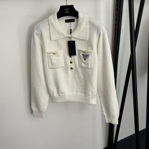 Prada Triangle Logo Embroidered Pocket Half-Buttoned Collar Long Sleeve Knitted Shirt