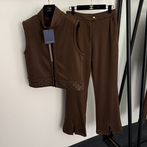 Louis Vuitton Old Flower Logo Print Zipper Slim Vest with High-waist Flared Trousers Set