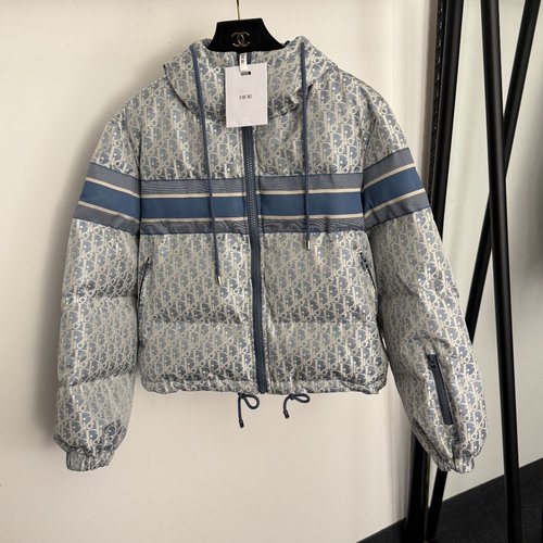 Dior Striped Old Flower Logo Jacquard Long-sleeved Hooded Cotton Jacket