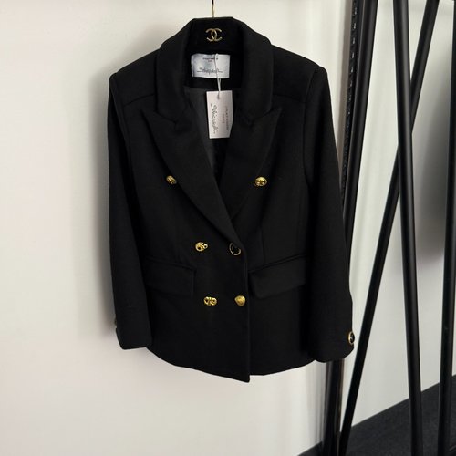 Schiaparelli Slim Fit Double-Breasted Wool Blazer with Unique Golden Buttons