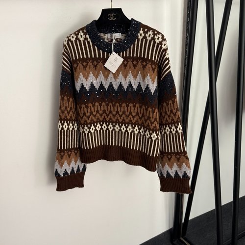 Loewe Sequined Vintage Color-Blocked Long-Sleeve Knit Sweater