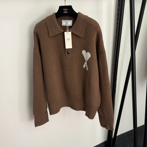 Ami Multi-Color Love Letter Polo Long-Sleeve Knit Top