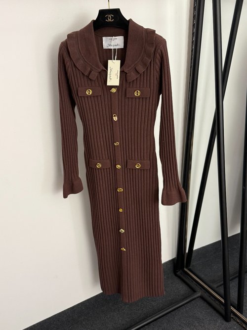 Schiaparelli Knit Long-Sleeve Dress with Gold Buttons in Multiple Colors