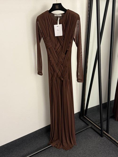 Dior Vintage Fringe Slit Woven Mesh Long Sleeve Dress