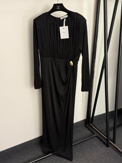 Dior High-End Black & Red Metal-Button Waist-Cinching Dress