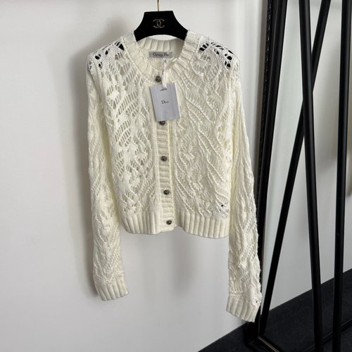 Dior Beige Openwork Long-Sleeve Open-Front Knit Sweater
