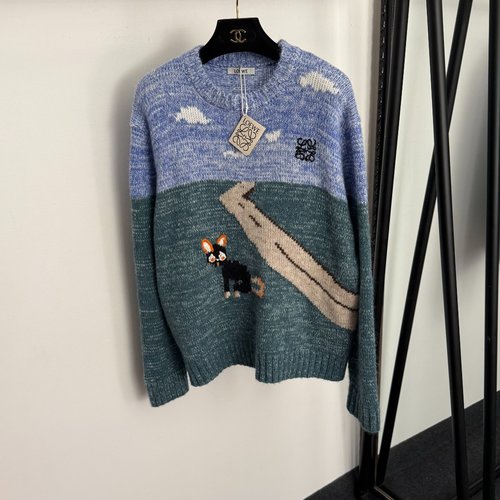 Loewe Loose Color-Blocked Knit Sweater with Cat Jacquard