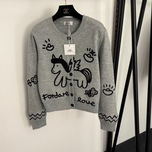 Hermes Gray Knit Open-Front Sweater with Gold Ingot Pony Embroidery