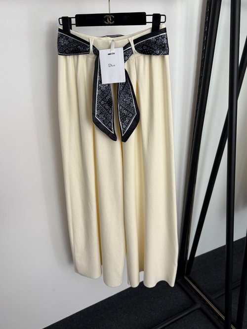 Dior Apricot, Gray & Black Knitted Wide-Leg Trousers with Vintage Belt