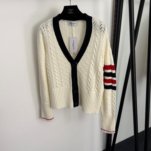 Thom Browne Contrast V-Neck Hollow-Out Wool Knit Cardigan in Two Colors