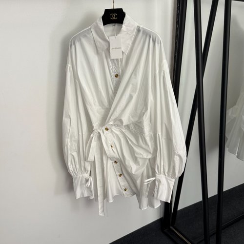 Zimmermann Side-Laced Waist Irregular Single-Breasted Lantern Sleeve Shirt Dress