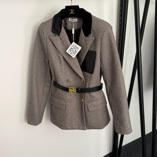 Loewe Patchwork Pocket Double-Breasted Tricolor Wool Blazer with Belt