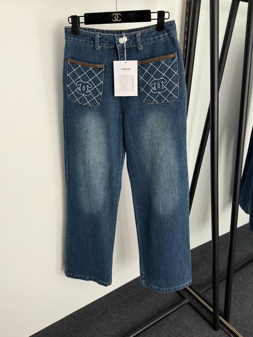 Chanel Embroidered Check Leather Pocket Jeans with Small Logo