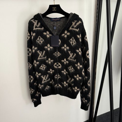 Louis Vuitton Vintage Logo Alpaca Wool Knit Cardigan with Hood