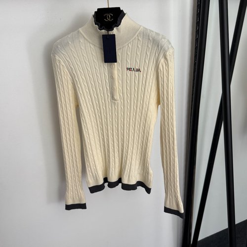 Prada Colorful Logo Embroidery Half-Open Collared Wool-Cashmere Sweater